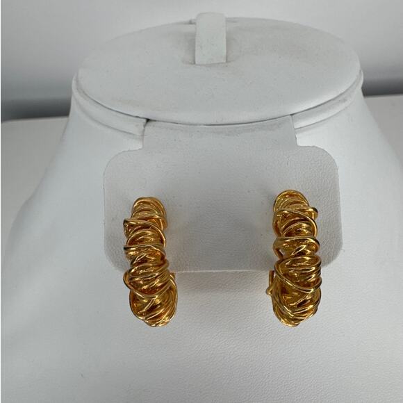 Vintage 1980s–1990s Gold Wire Wrapped Croissant Hoop Earrings - Picture 2 of 10